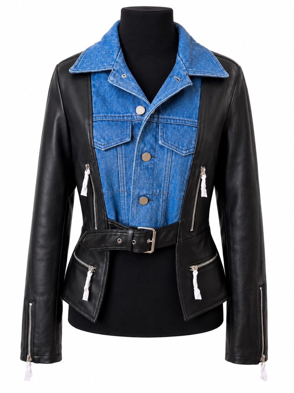 AKIRA Denim & Faux Leather Moto Jacket Belted Zip Front NWOT Size Small